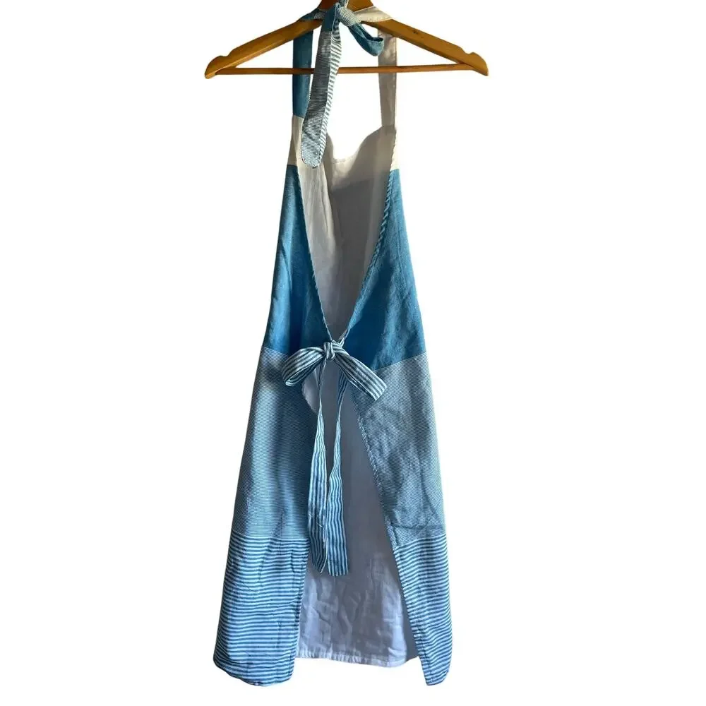 Woven Cotton Kitchen Apron Blue White Striped One Size L/XL